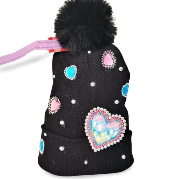 Custom Knit Black & Silver Multi Color Heart Crystal Embellished Beanie TT1524 - Picture 2 of 4